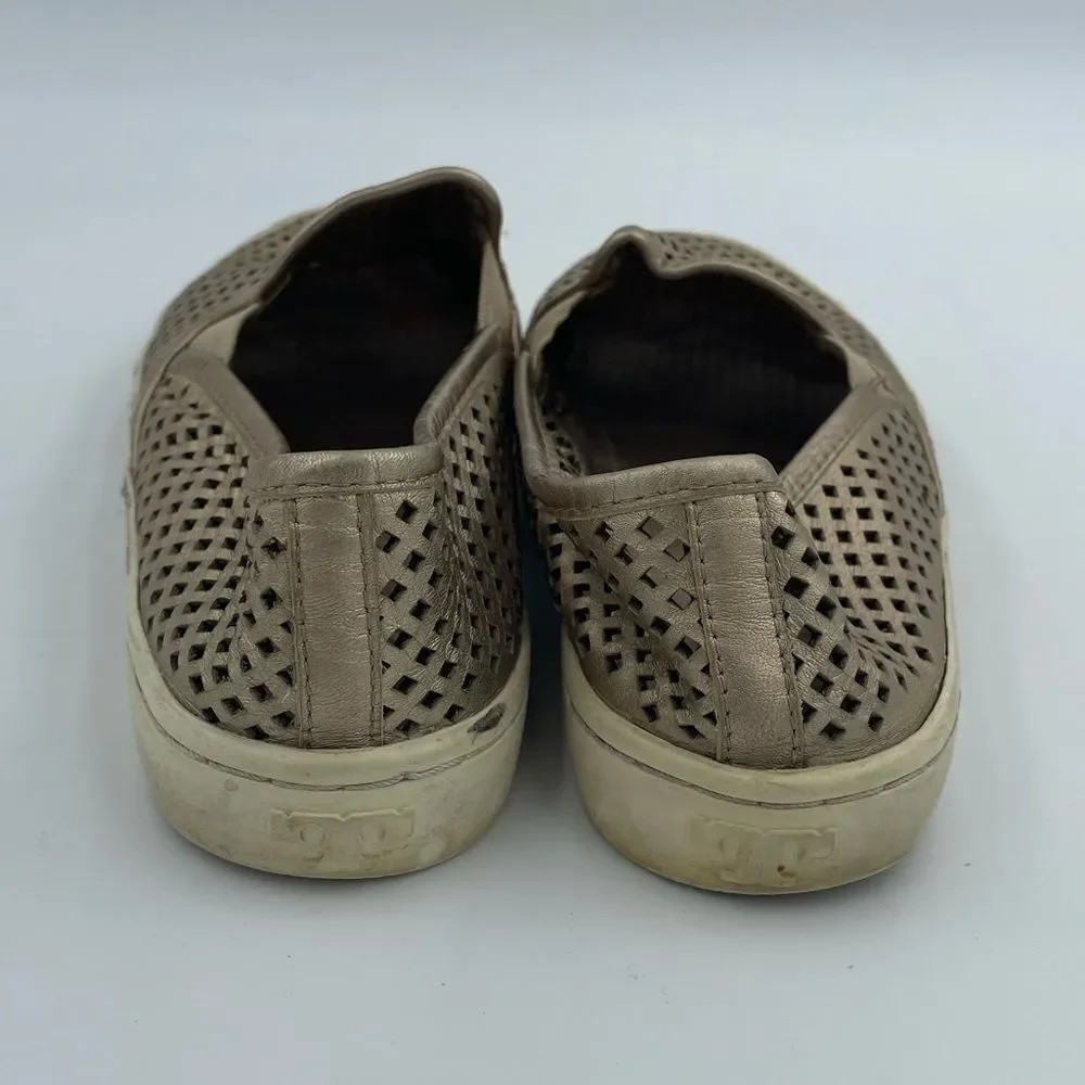 Tory Burch Jesse Gold Metallic Leather Perforated Slip On Shoes - Picture 5 of 6